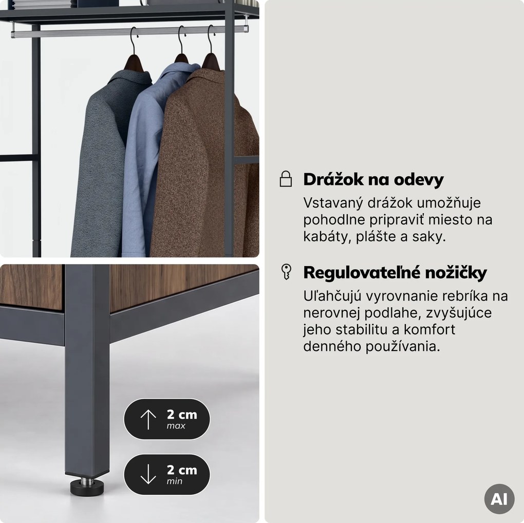 Kancelársky regál otvorený s tyčou na oblečenie, do recepcie a čakárne, kovový, antracitový/orech, 800x2200x400 mm: ARIEL Eco Design