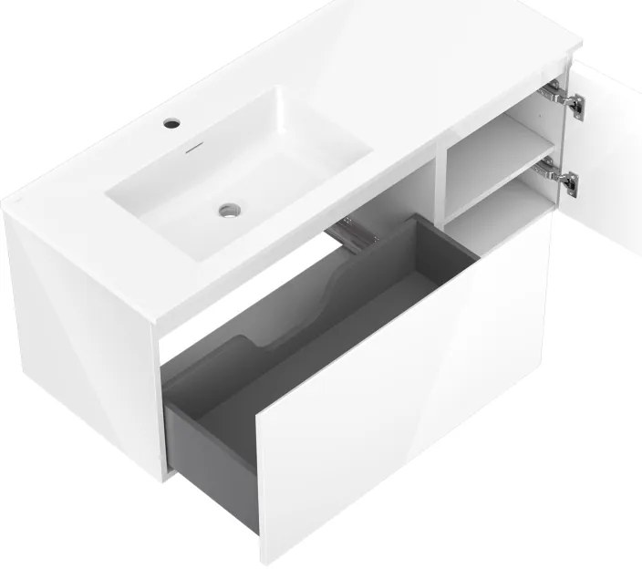 Mexen Orio, kúpeľňová skrinka 120 cm s ľavým umývadlom Otis, 1S, 1D, biela lesklá, 91A13-12047-3-BBFF00-W18L00