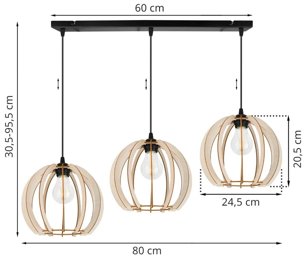 Závesné svietidlo Timber 9, 3x drevené tienidlo