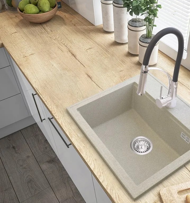 Sink Quality Ferrum New 8010, 1-komorový granitový drez 800x500x210 mm + chrómový sifón, béžová, SKQ-FER.8010.B.X