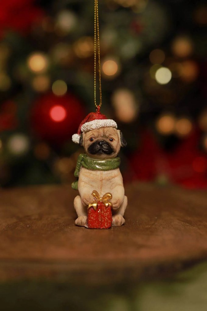 Závesná ozdoba vianočný pes s darčekom 7cm