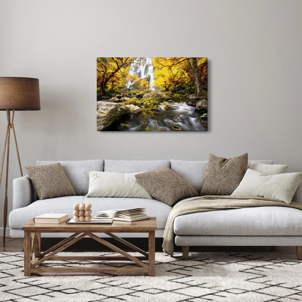 Obraz - Vodopády v jesennej krajine, žlté (90x60 cm)