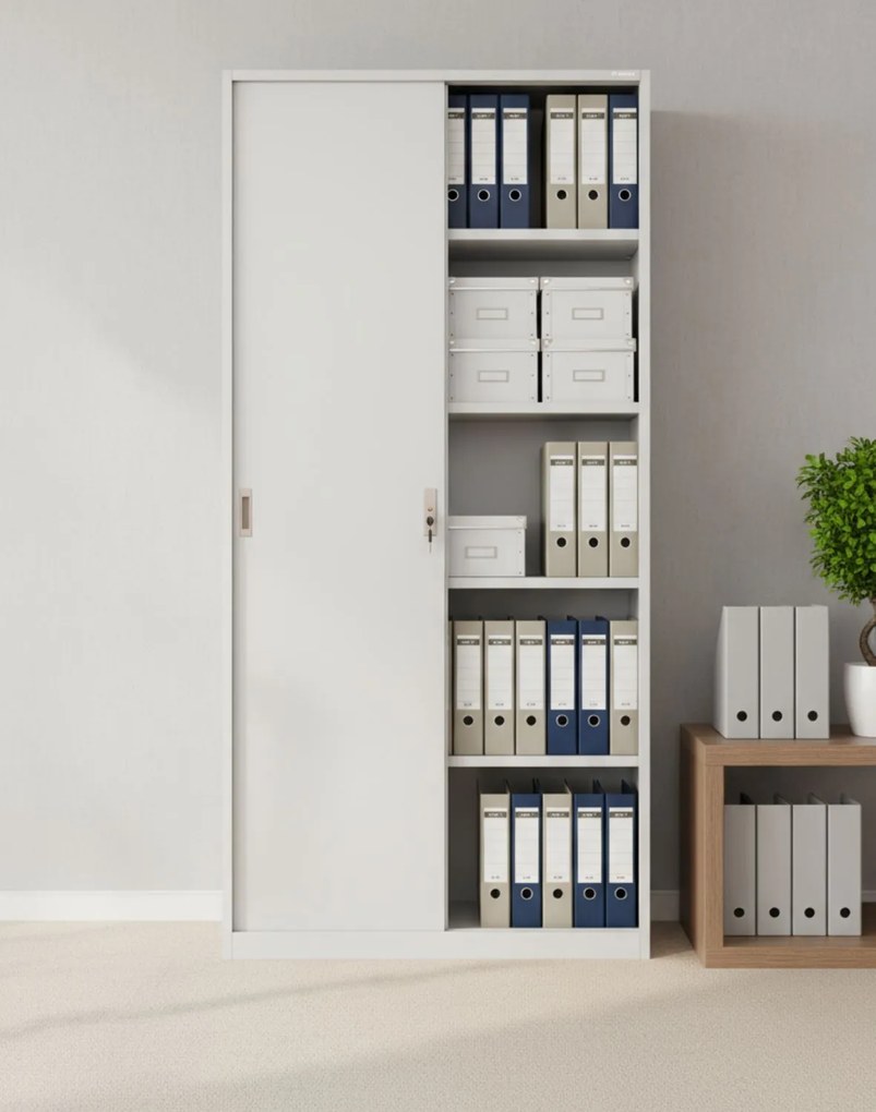 Kancelárska kovová skrinka s posuvnými dverami na kľúč Toronto Grey