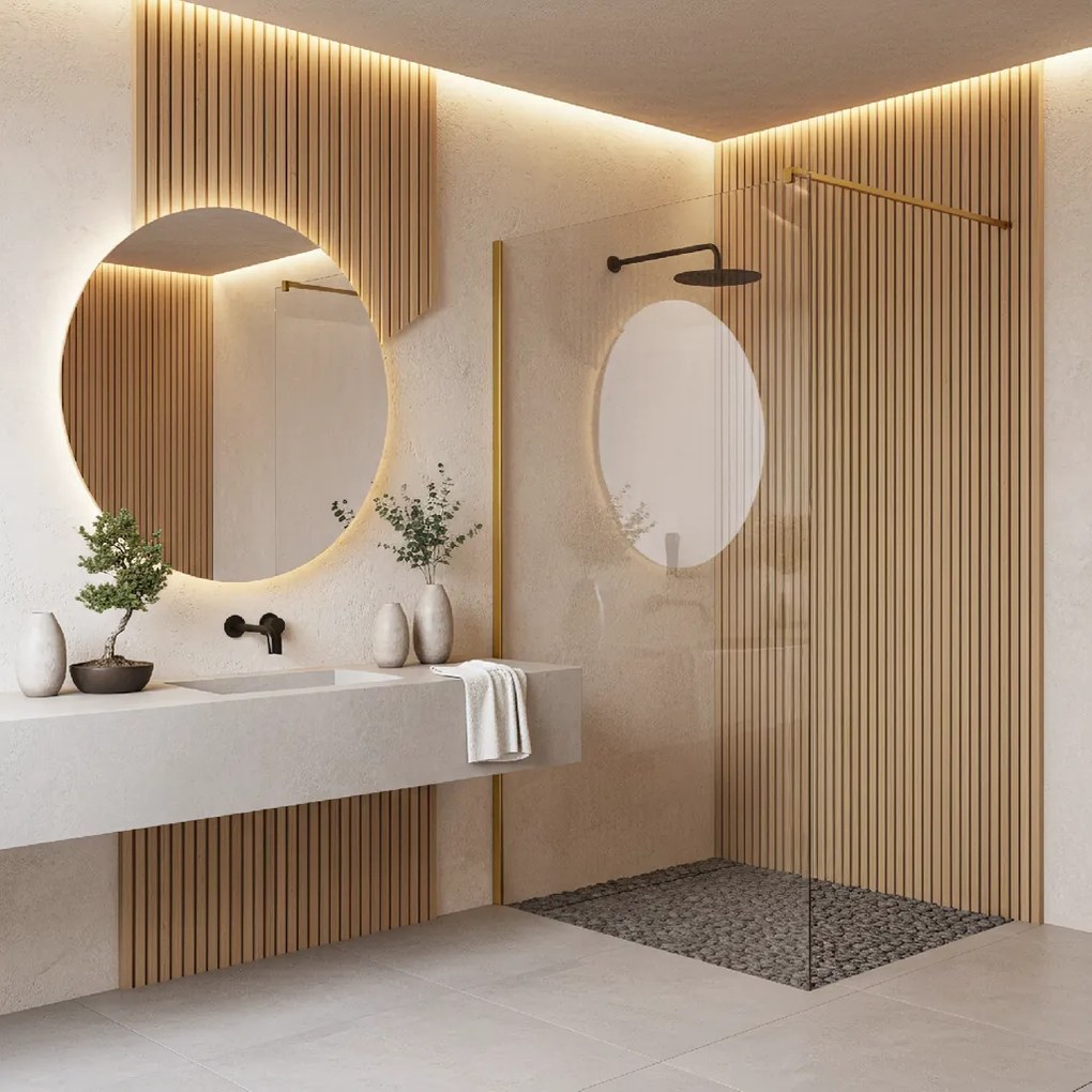 Bezrámová sprchová zastena REA FLEXI GOLD BRUSH 140 cm, zlatá kartáčovaná/transparent - bez vaničky