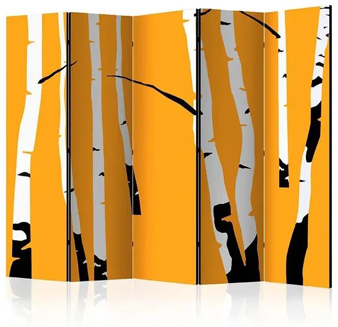 Paraván - Birches on the orange background II [Room Dividers] Veľkosť: 225x172, Verzia: Jednostranný