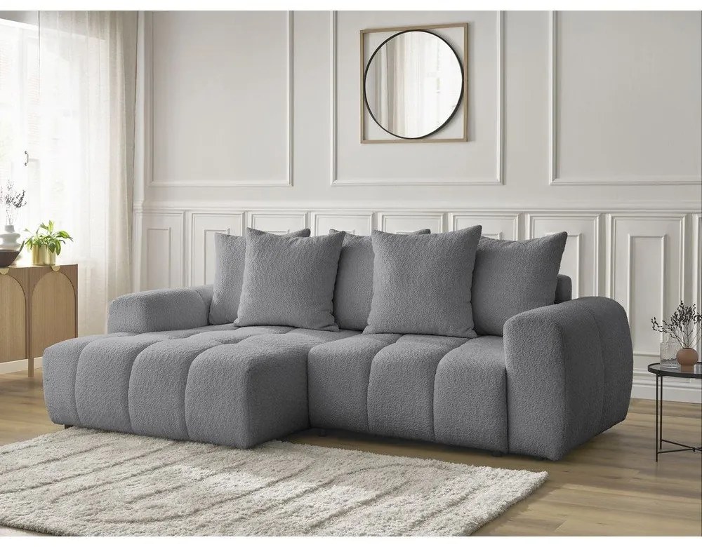 Sivá rozkladacia/s úložným priestorom rohová pohovka z textílie buklé (ľavý roh/s leňoškou) Roxelane – Bobochic Paris