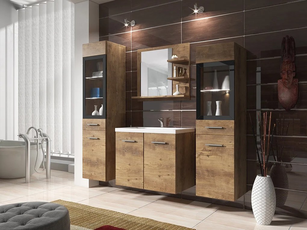 Kúpeľňový nábytok Apogon I, Farby: dub artisan, Sifón: bez sifónu, Osvetlenie: osvetlenie LED RGB - farebné, Umývadlová batéria: Economico BYU 020M