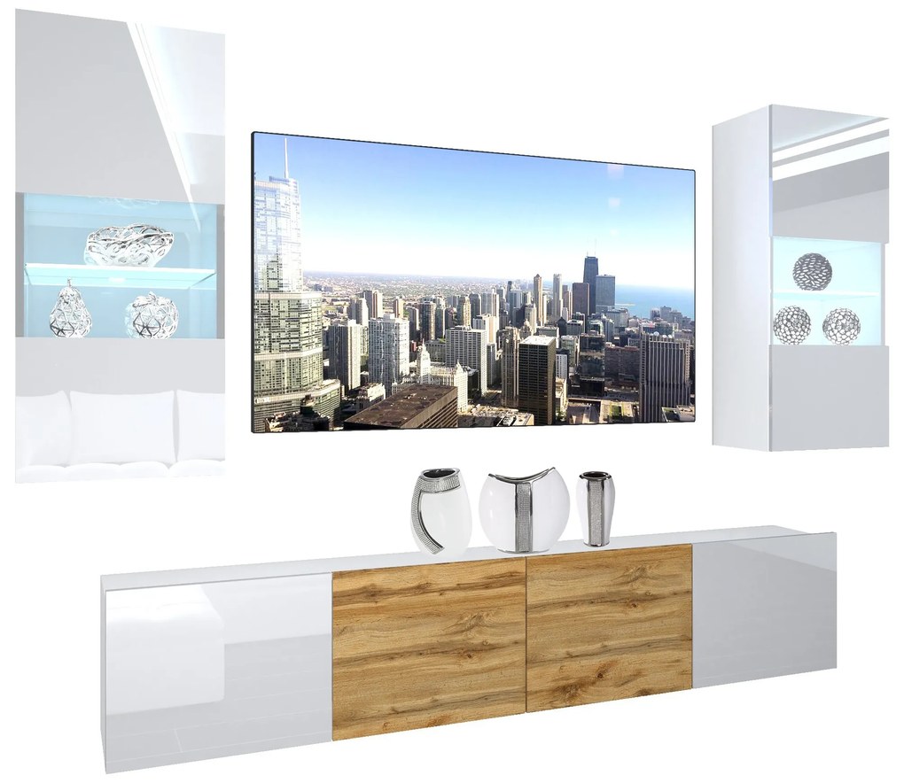 Obývacia stena Belini Premium Full Version biely lesk / dub wotan + LED osvetlenie Nexum 105