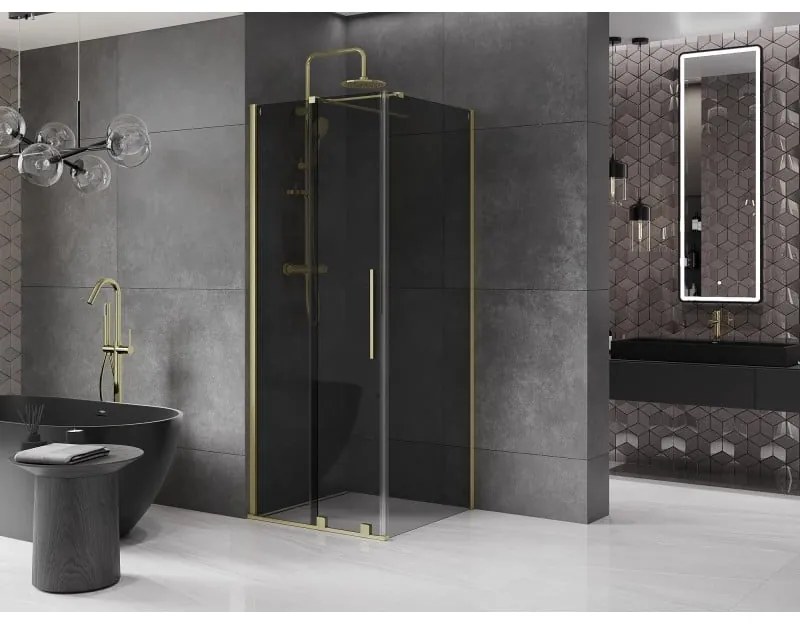Mexen Velar, sprchový kút s posuvnými dverami 90 x 90 cm, 8mm šedé sklo, zlatá matná, 871-090-090-41-55