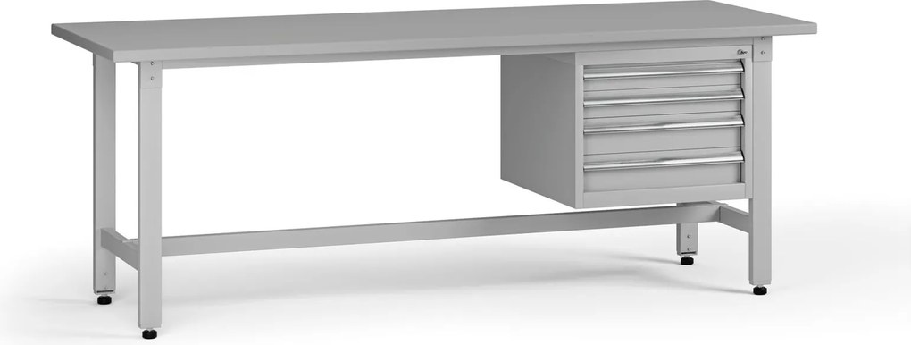 Výškovo nastaviteľný dielenský stôl G5, 2100 x 750 x 800-1000 mm, 1x kontajner, 4 zásuvky, sivá