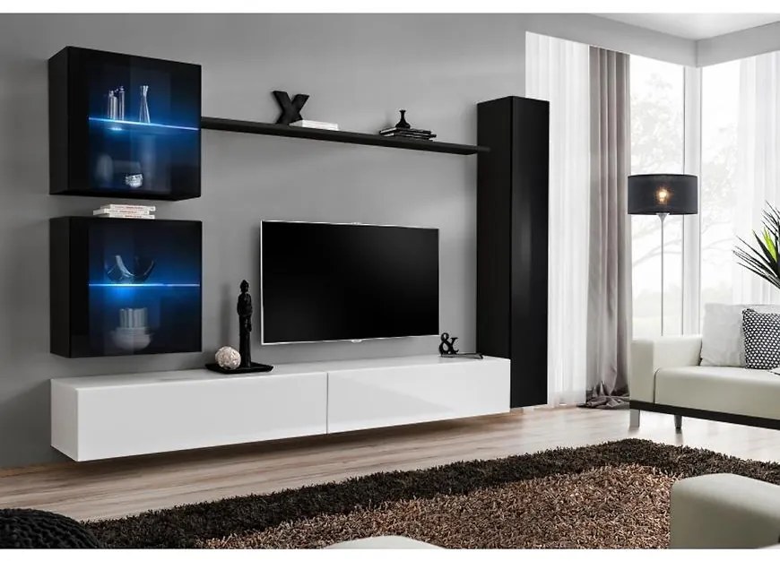 Obývacia stena Switch XVIII Sklo +LED čierna/Biely