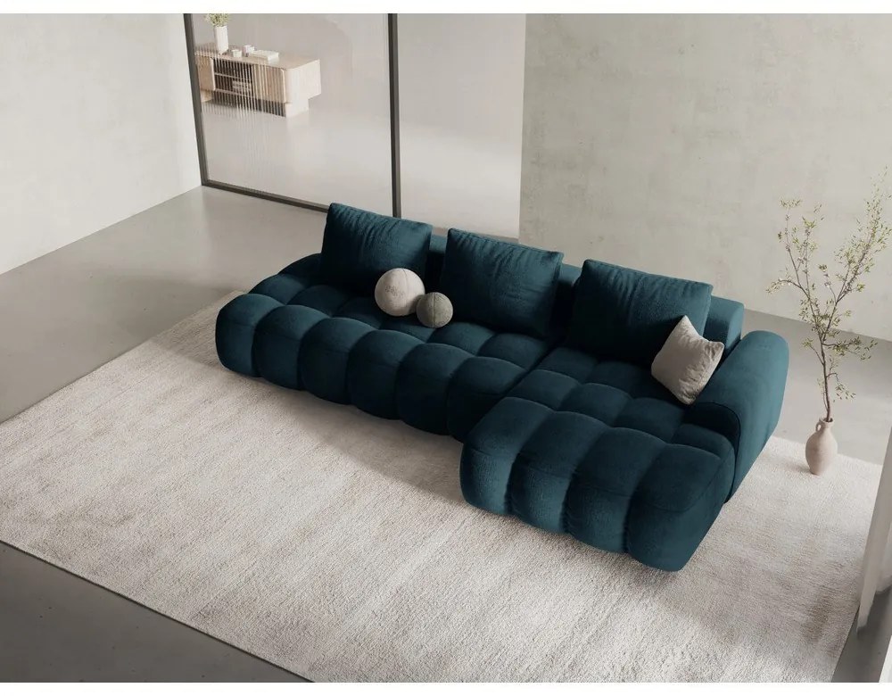 Zamatová rozkladacia/s úložným priestorom rohová pohovka v petrolejovej farbe (pravý roh/s leňoškou) Linz – Cosmopolitan Design