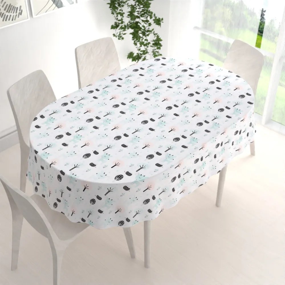 Biante Detský bavlnený oválny obrus Sandra SA-369 Srnčekovia a ježkovia v lese 120x140 cm