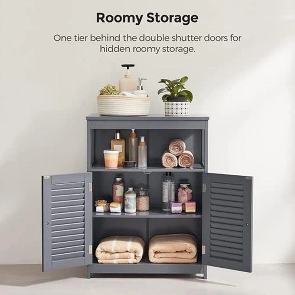 Kúpeľňová skrinka, voľne stojaca skrinka s lamelovými dvierkami, sivá