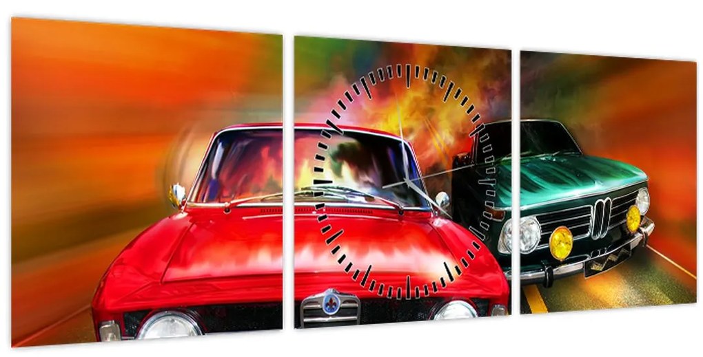 Obraz - Retro závodné autá (s hodinami) (90x30 cm)