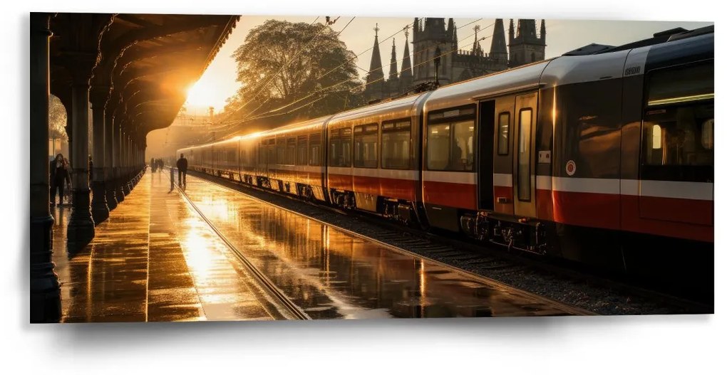 Sablio Obraz Vlak na stanici pri východe slnka - 110x50 cm