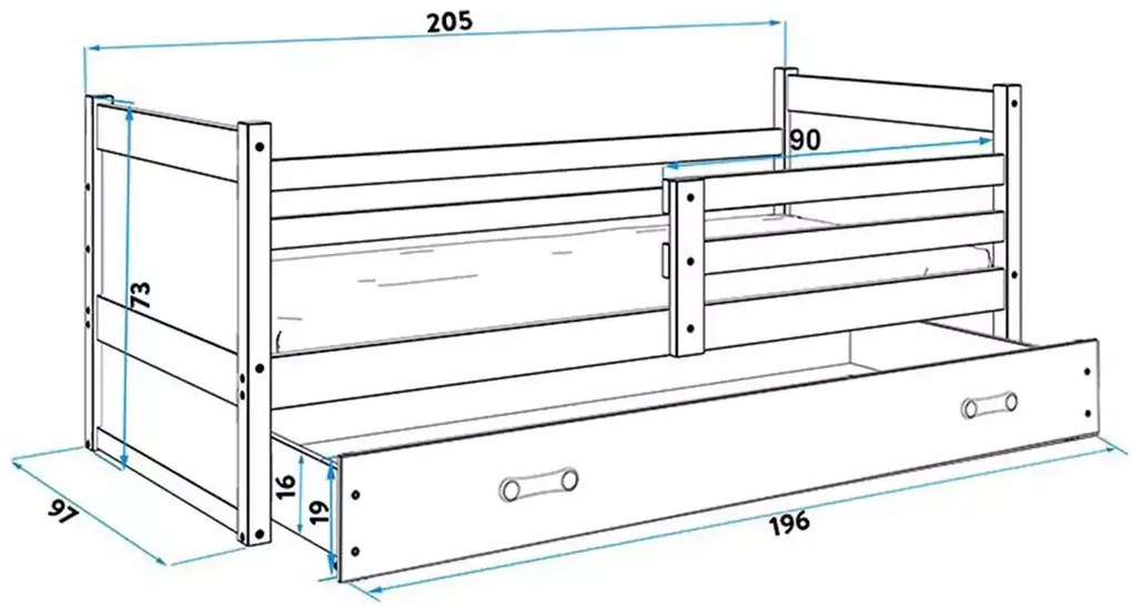 Detská posteľ RICO so zásuvkou, viac farieb, Rozmer 90x200 cm