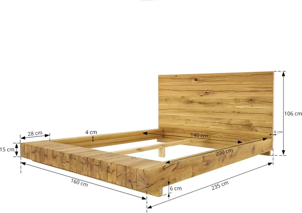 Nízka manželská posteľ z trámov s vysokým dubovým čelom 140/160/180 x 200 cm 140 cm