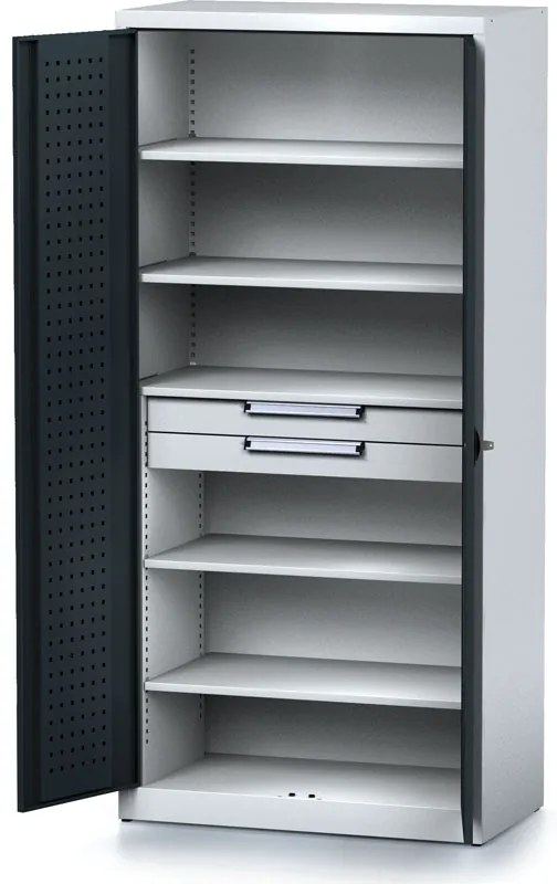 Policová dielenská skriňa 2-dverová MECHANIC, 5 políc, 2 zásuvky, 920 x 500 x 1950 mm, antracitové dvere