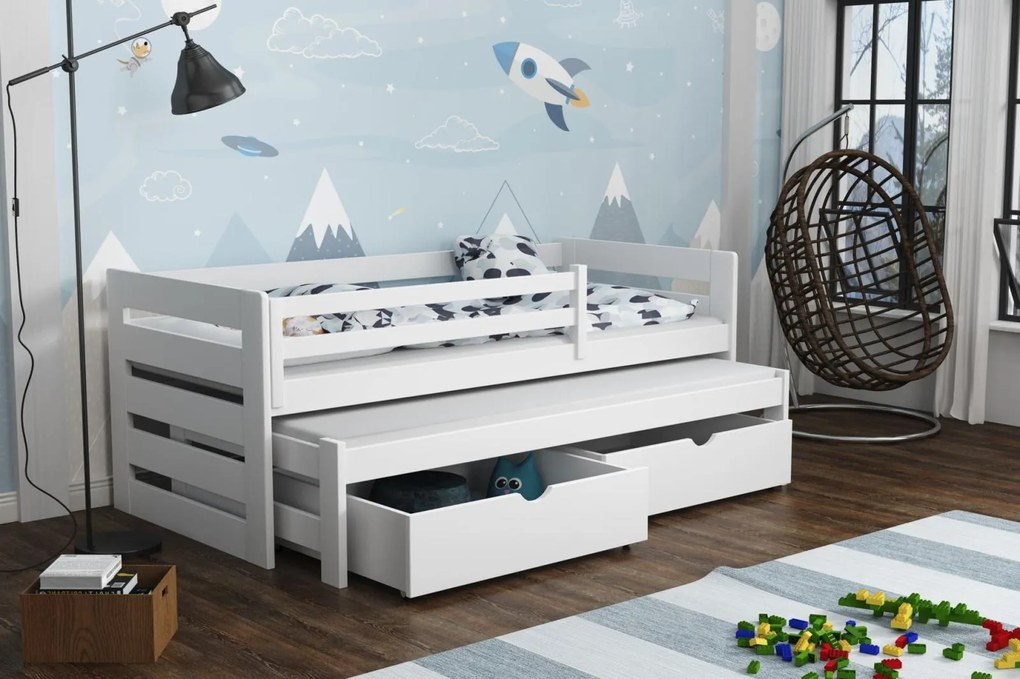 Detská posteľ z masívu borovice JOLANA s prístelkou a šuplíky - 200x90 cm - BIELA