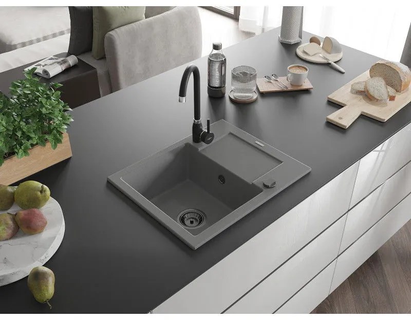 Mexen Enzo, granitový drez 576x465x174 mm, 1-komorový, šedá s čiernym sifónom, 6506571005-71-B
