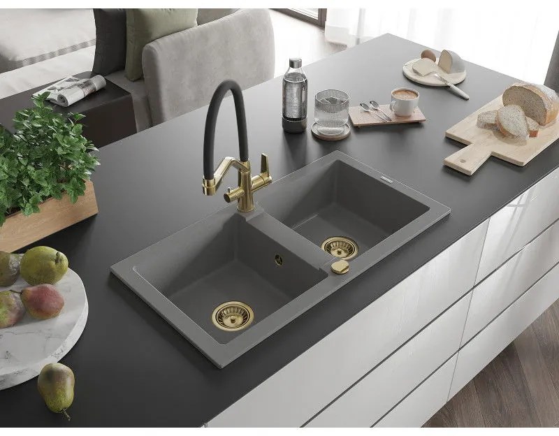 Mexen Mario, granitový drez 820x436x161 mm, 2-komorový a drezová batéria Duo, šedá, 6504-71-671701-57-G