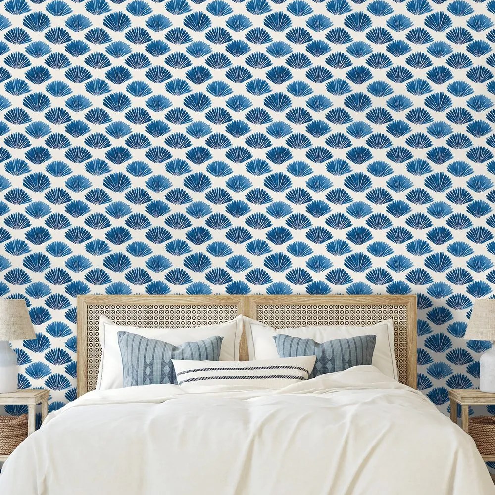 Samolepiaca tapeta modré mušle na bielom pozadí