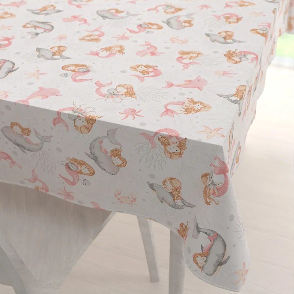 Biante Detský bavlnený obdĺžnikový obrus Sandra SA-527 Ružové morské panny s delfínmi a veľrybami na bielom 80x120 cm