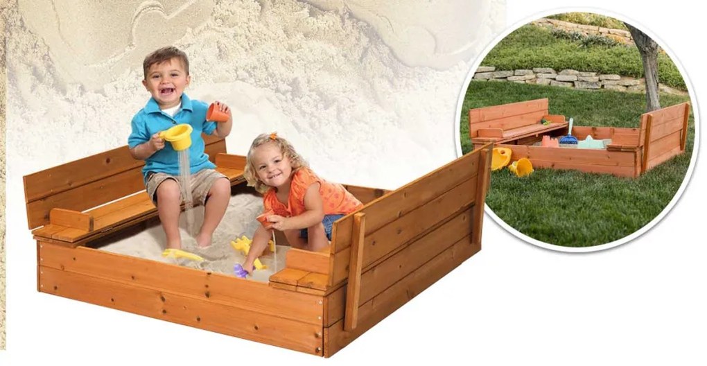 Drevené pieskovisko s lavičkami a krytom