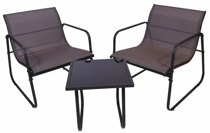 Záhradný relaxačný set stôl a 2 kreslá, oceľ, šedá