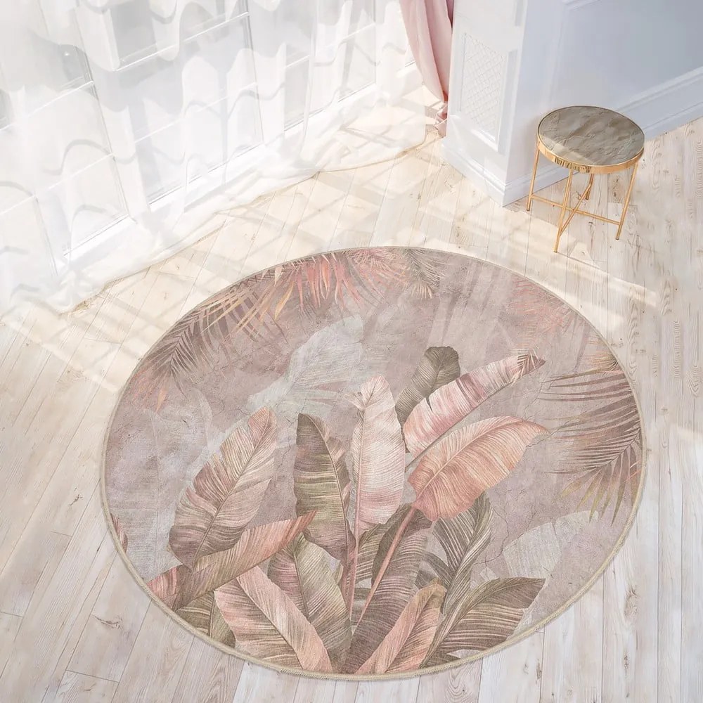 Svetloružový prateľný okrúhly koberec ø 120 cm Dusty Leaves – Mila Home