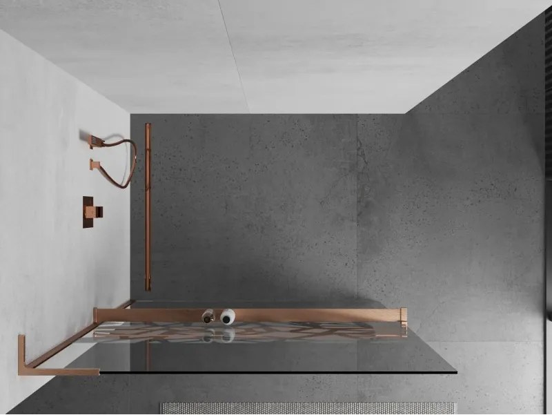 Mexen Kioto+ L, sprchová zástena Walk-In s poličkou a vešiakom 110 x 200 cm, 8mm číre sklo biely vzor, medený matný profil, 800-110-123-65-85