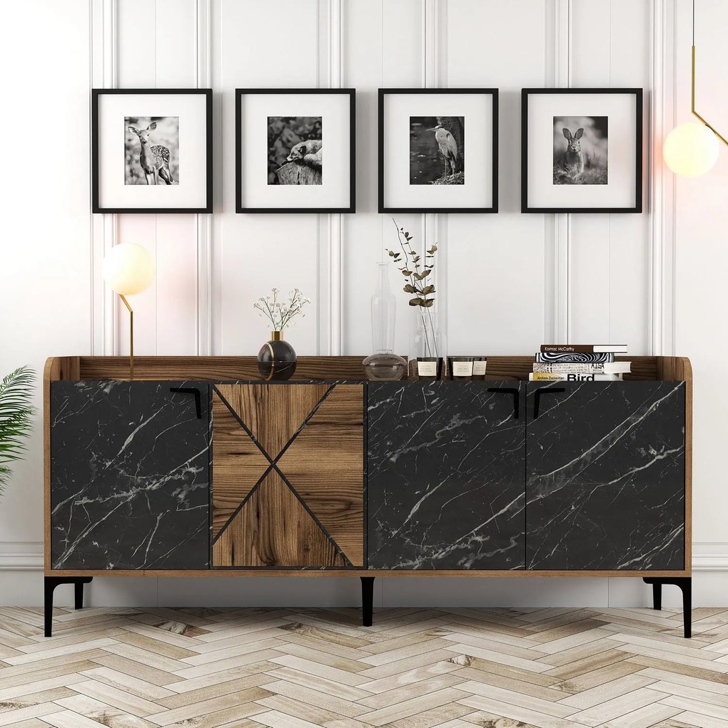 Konzolový stolík Venedik - Walnut, Black Marble