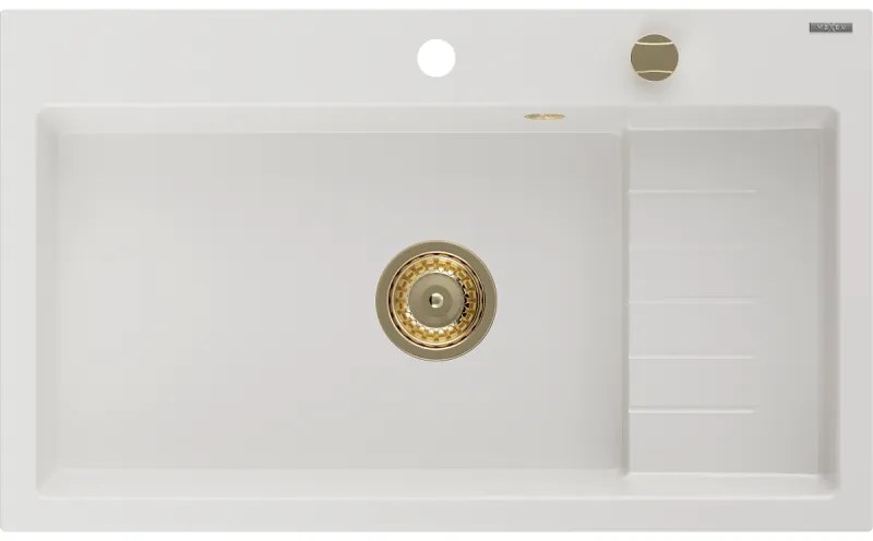 Mexen Omar, 1-komorový granitový drez 800x480x210 mm, biela, zlatý sifón, 6520801005-20-G