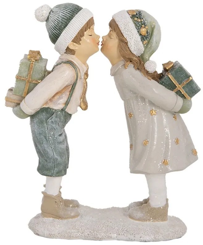 Zimná vianočná béžová dekorácia deti s darčekmi dávajúcimi si ústa - 15*6*18 cm