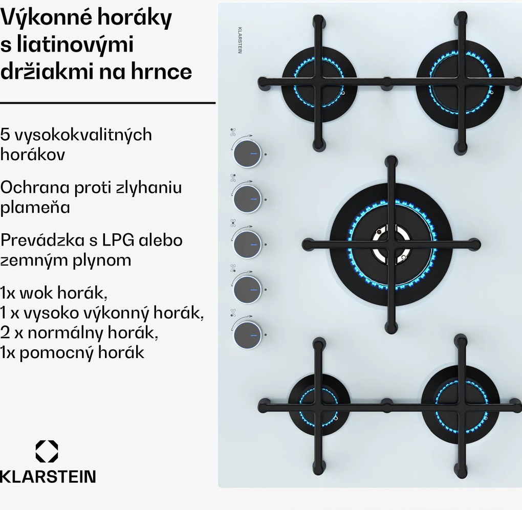 Klarstein Plynová varná doska Illuminosa 5 Sklokeramický horák Sabaf s 5 horákmi