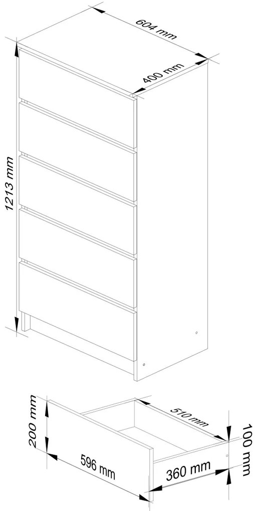 Komoda Kuba 60 cm - 5 zásuviek biela/červená