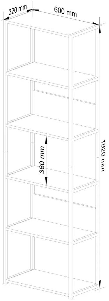 Knižnica Rita s kovovým rámom 60 cm - čierna/dub artisan - 6 políc