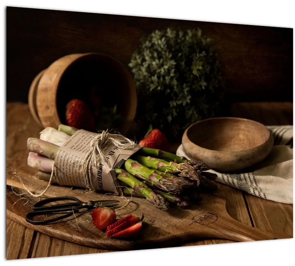 Sklenený obraz špargle na stole (70x50 cm)