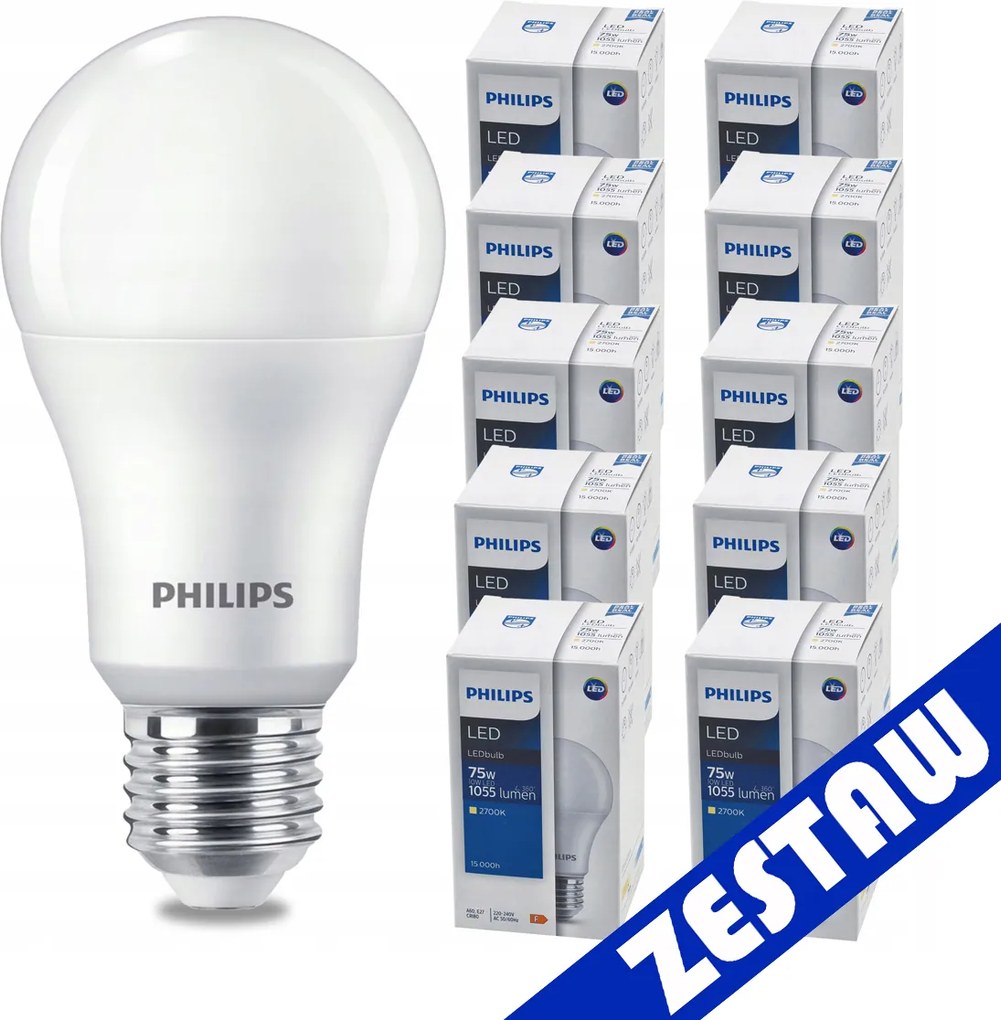 SADA 10 KS ŽIAROVEJ SVETLOSTI PHILIPS LED E27 10W = 75W 1055lm Teplá LED žiarovka 2700K