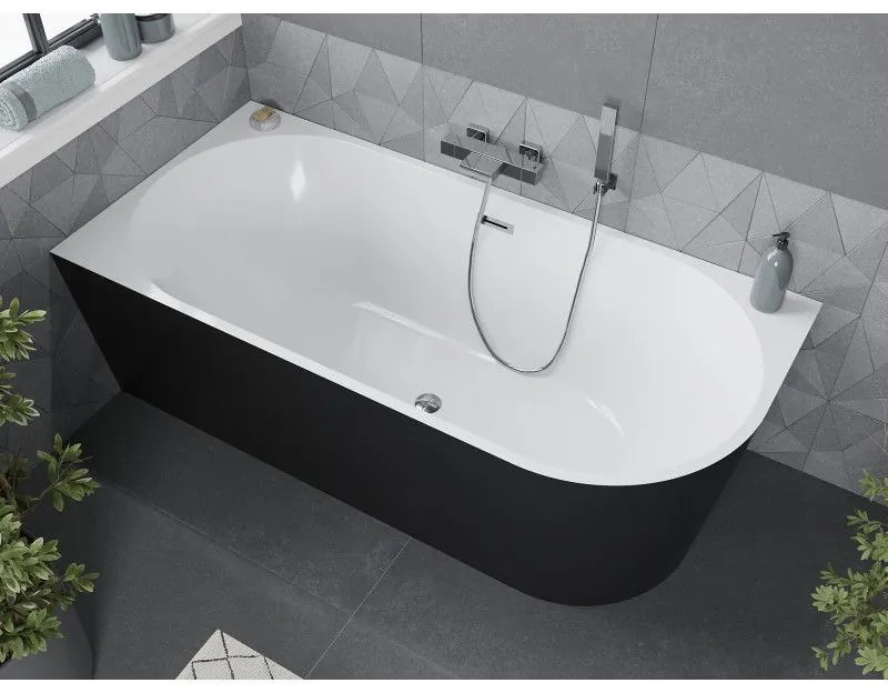 Mexen Mia, voľne stojaca rohová vaňa, lavá, 180 x 80 cm, biela-čierna, chrómový prepad, 52691808075L-01