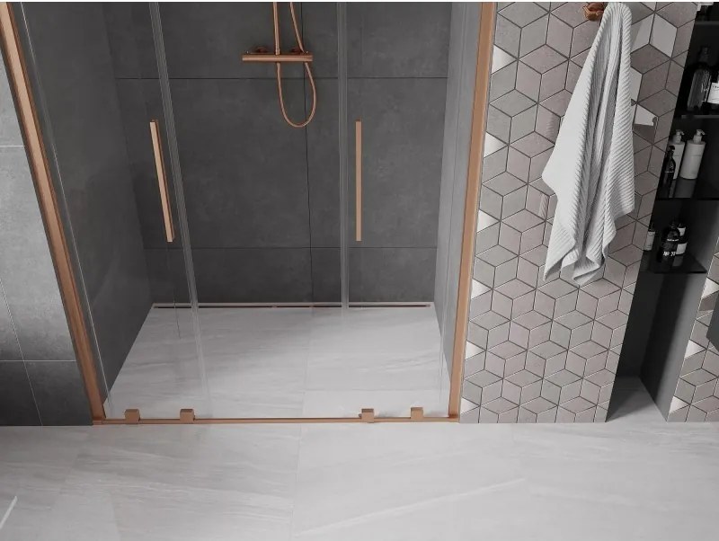 Mexen Velar L Duo, posuvné sprchové dvere do otvoru 160 cm, 8mm číre sklo, medená matná, 871-160-003-02-65