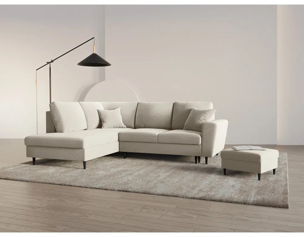 Béžová zamatová rozkladacia/s úložným priestorom rohová pohovka (ľavý roh/do L) Kyoto – Cosmopolitan Design