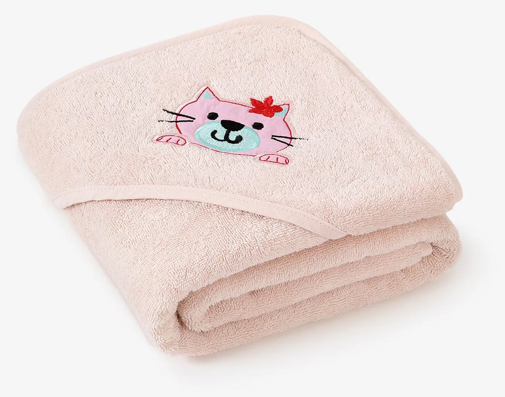 Goldea detská froté osuška s kapucňou - mačička na svetlo ružovej 100 x 100 cm