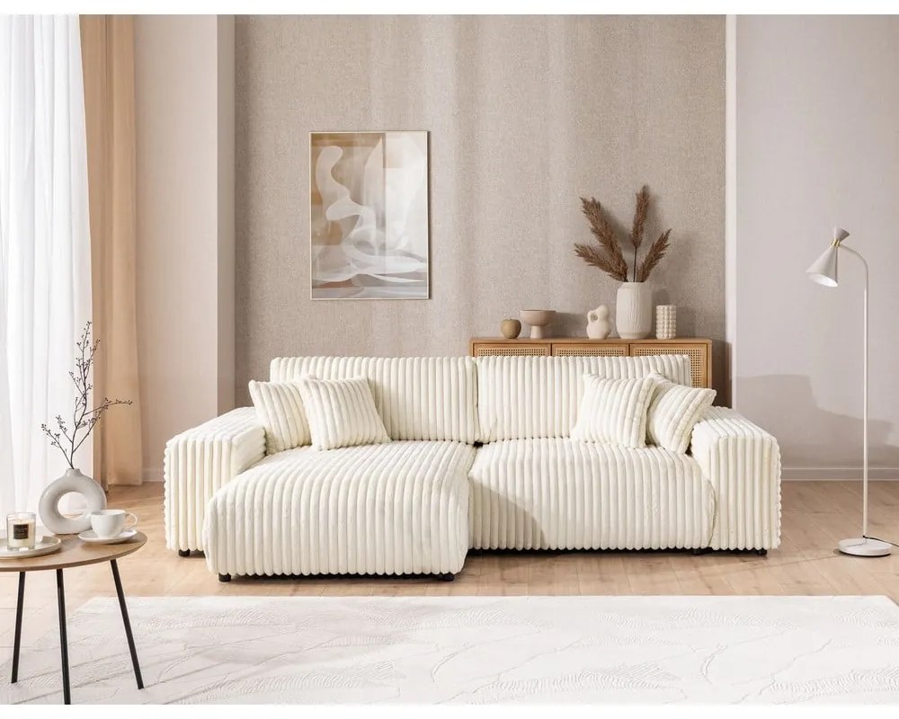 Krémová menčestrová rozkladacia/s úložným priestorom rohová pohovka (ľavý roh) Sarina – Ropez