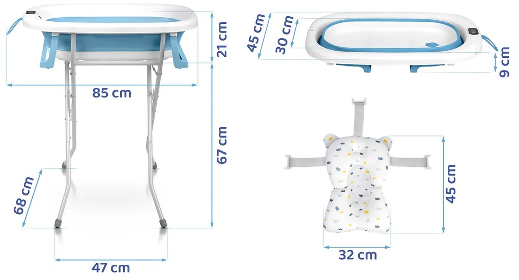 Skladacia detská vanička so stojanom, teplomerom a vložkou Ricokids RK-287 biela a modrá