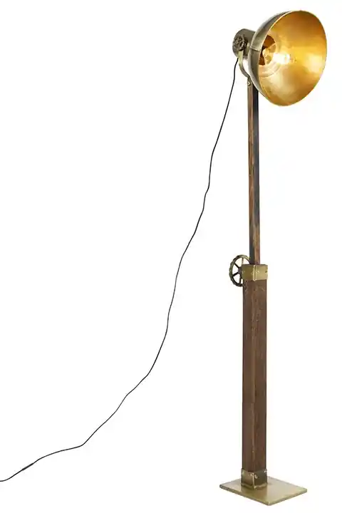 Priemyselná stojaca lampa bronzová s drevom - Mango | BIANO