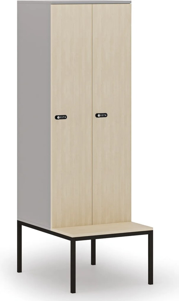 Drevená šatníková skrinka S4 s lavičkou, 2 oddiely, 1871 x 600 x 500/800 mm, demont, mechanický kódový zámok, sivá/breza