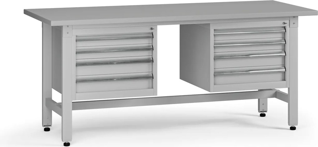 Výškovo nastaviteľný dielenský stôl G5, 1800 x 750 x 800-1000 mm, 2x kontajner, 8 zásuviek, sivá