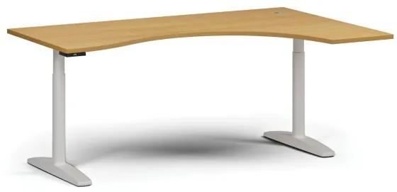 Výškovo nastaviteľný stôl OBOL, elektrický, 675-1325 mm, ergonomický pravý, doska 1800x1200 mm, biela zaoblená podnož, buk